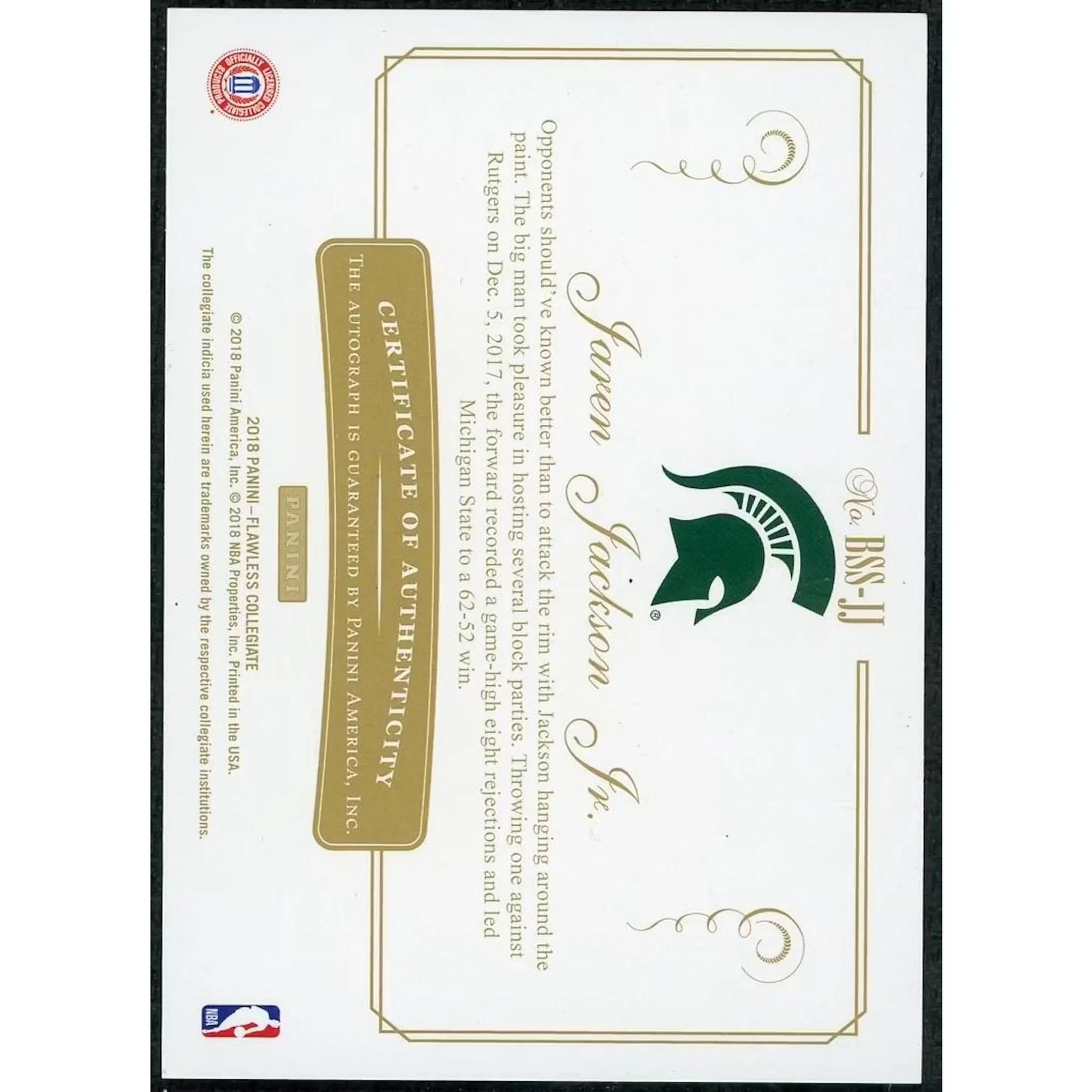 2018-19 Flawless Collegiate Jaren Jackson Jr Rookie Auto/10 (Corner Damage) H2