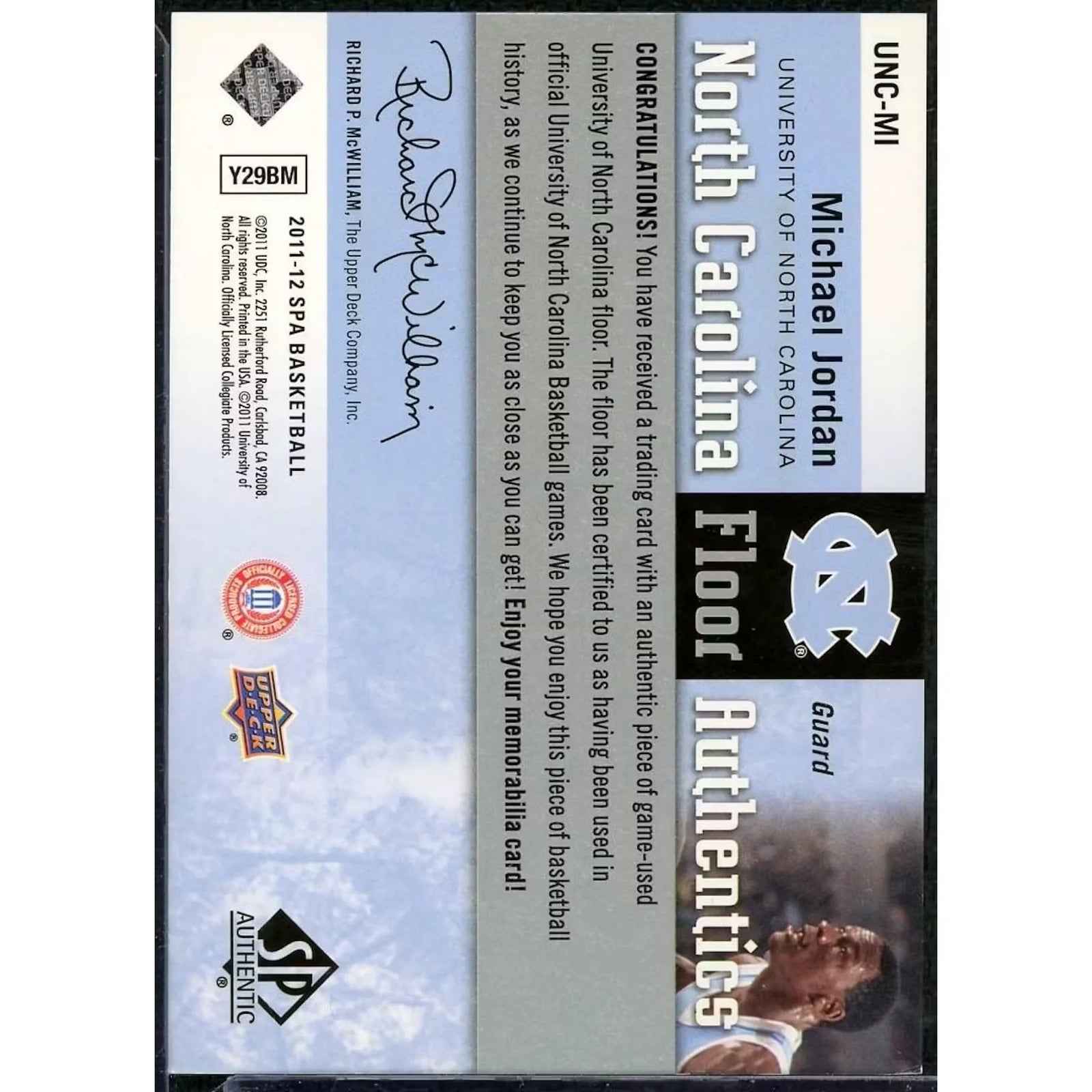 Michael Jordan Signed North Carolina Floor Card | 2011-12 Upper Deck SP Authentic