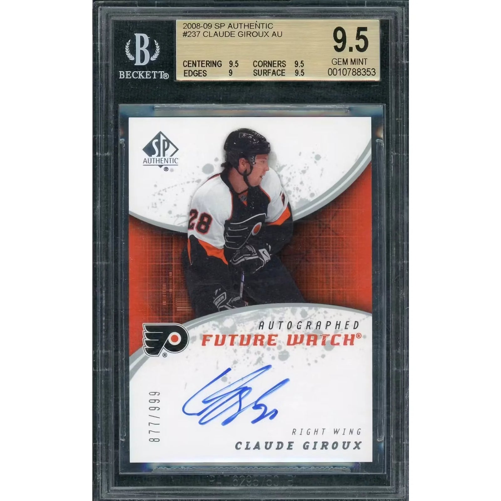 Claude Giroux Signed 2008-09 Upper Deck SP Authentic Card | BGS 9.5