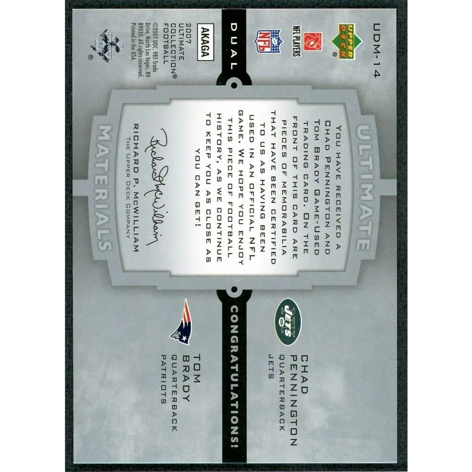 2007 Upper Deck Tom Brady & Chad Pennington Ultimate Materials Card |/75