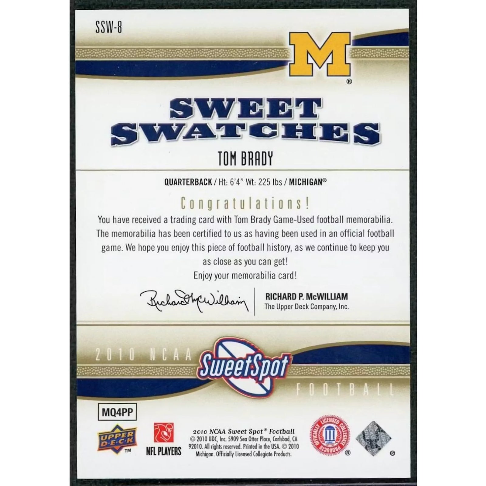 Tom Brady 2007 Upper Deck Sweet Swatches Card