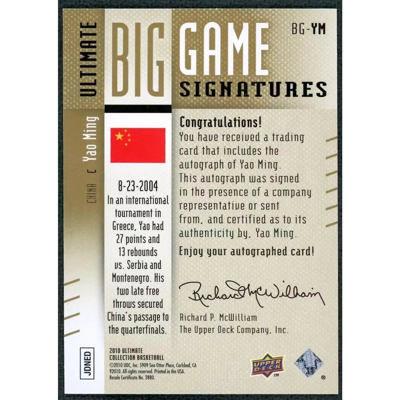 Yao Ming Signed 2010 Ultimate Big Game Signatures Card