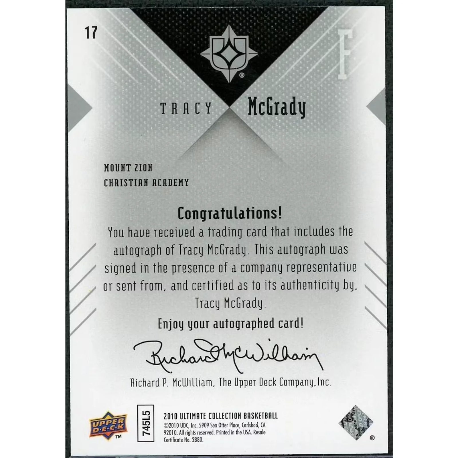 Tracy McGrady Signed 2010 Ultimate Collection Card | Auto
