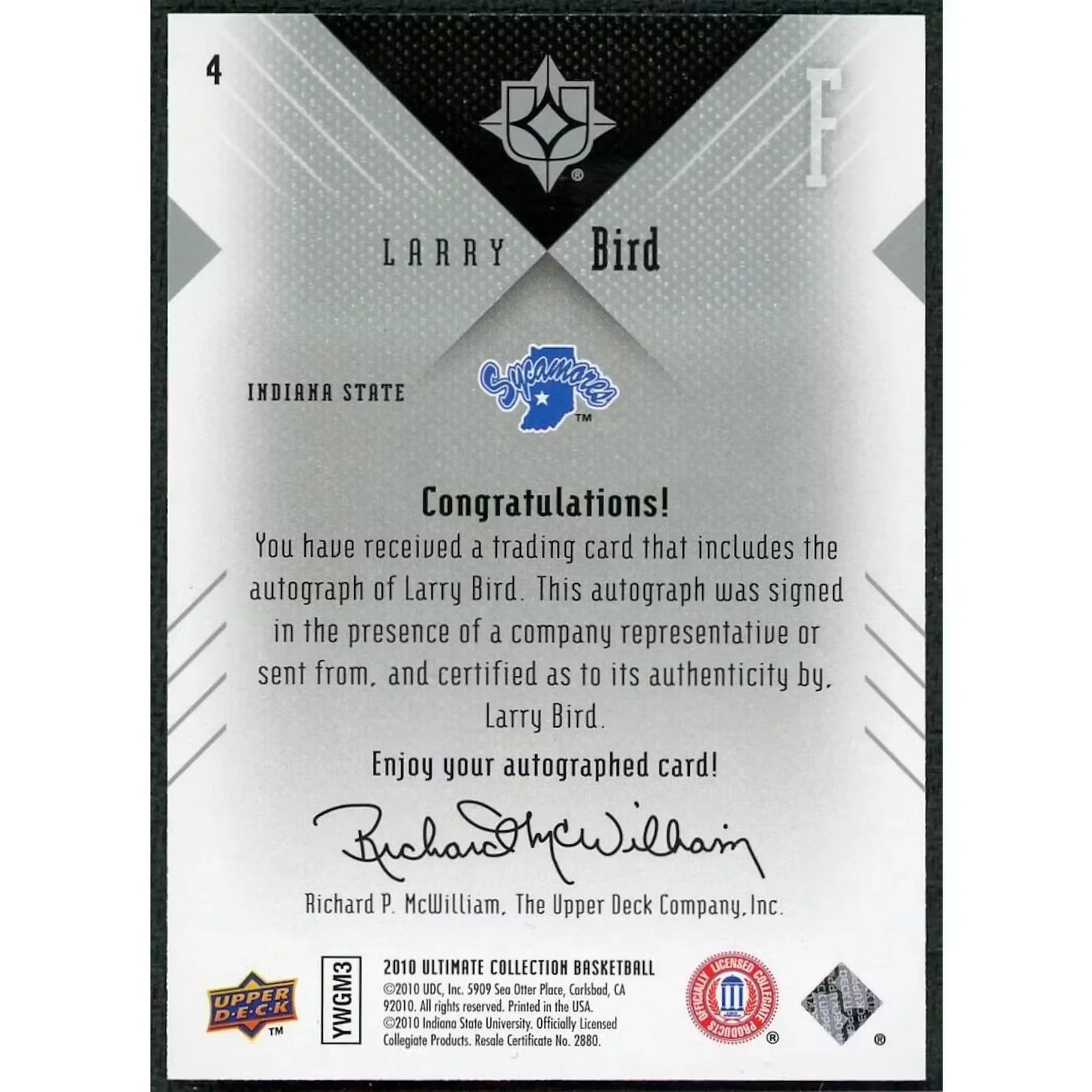 Larry Bird Signed 2010 Upper Deck Ultimate Card