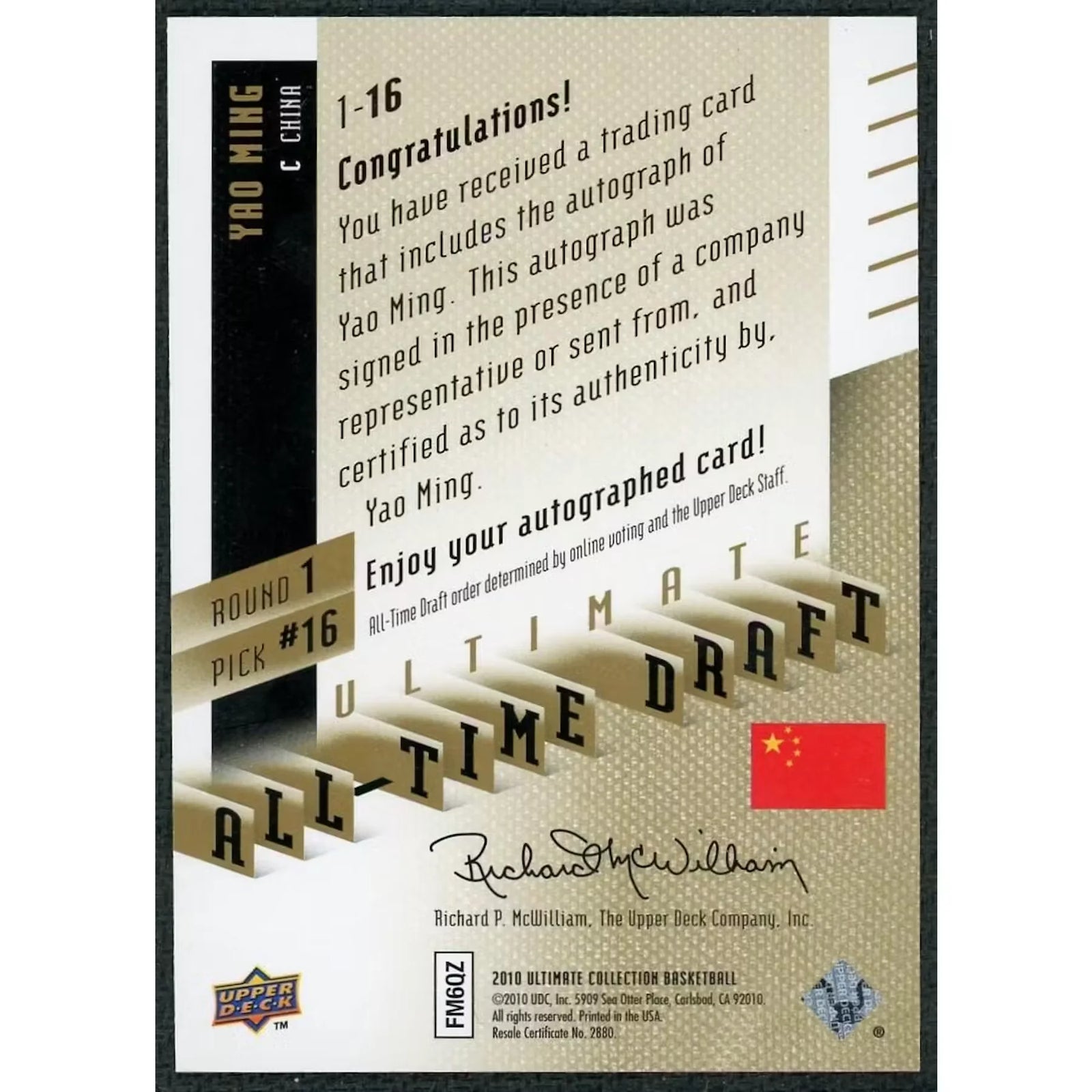 Yao Ming Signed 2010 Ultimate All-Time Draft Card | Autographed