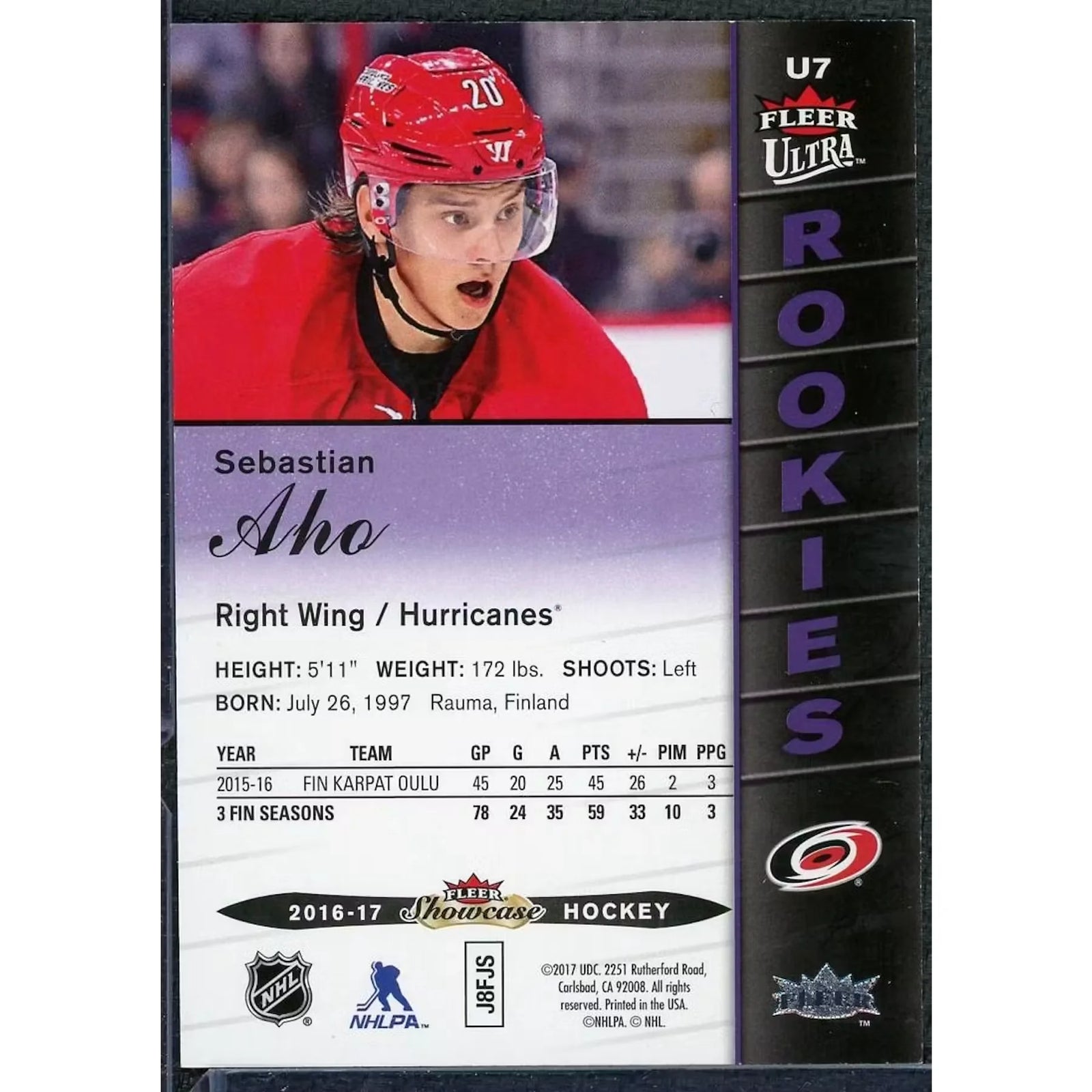 Sebastian Aho 2016-17 Fleer Showcase Violet Medallion Rookie Card |/25
