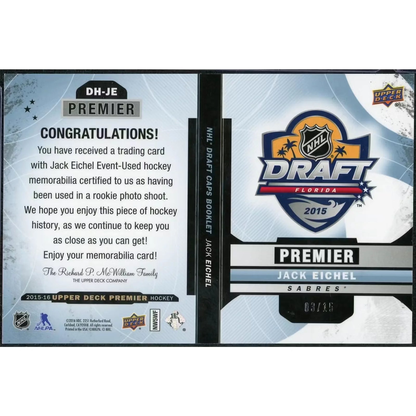Jack Eichel 2015-16 Upper Deck Premier Rookie Draft Booklet | Limited/15