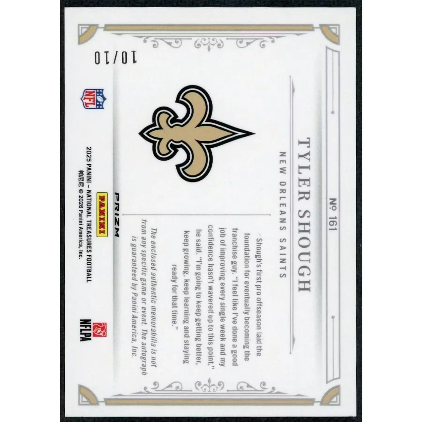 Tyler Shough Signed 2025 National Treasures Rookie Patch Card | Gold/10