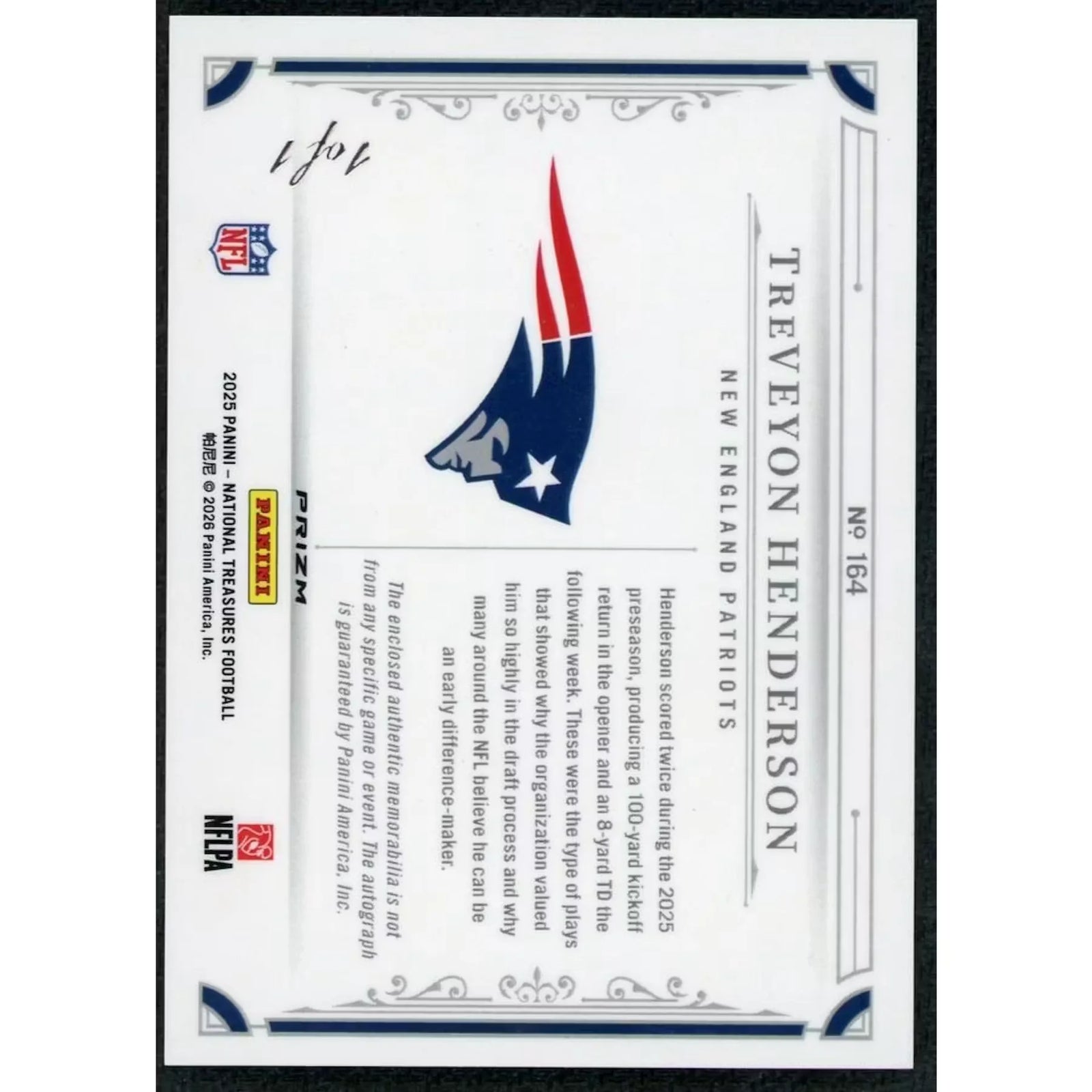 TreVeyon Henderson Signed 2025 National Treasures Card | 1/1 Gold Vinyl
