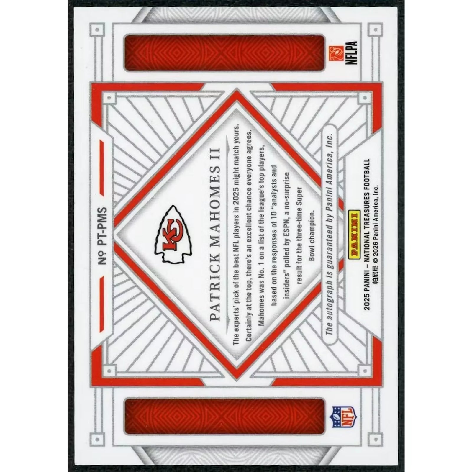 Patrick Mahomes Signed 2025 National Treasures Card | Personalized Auto/10