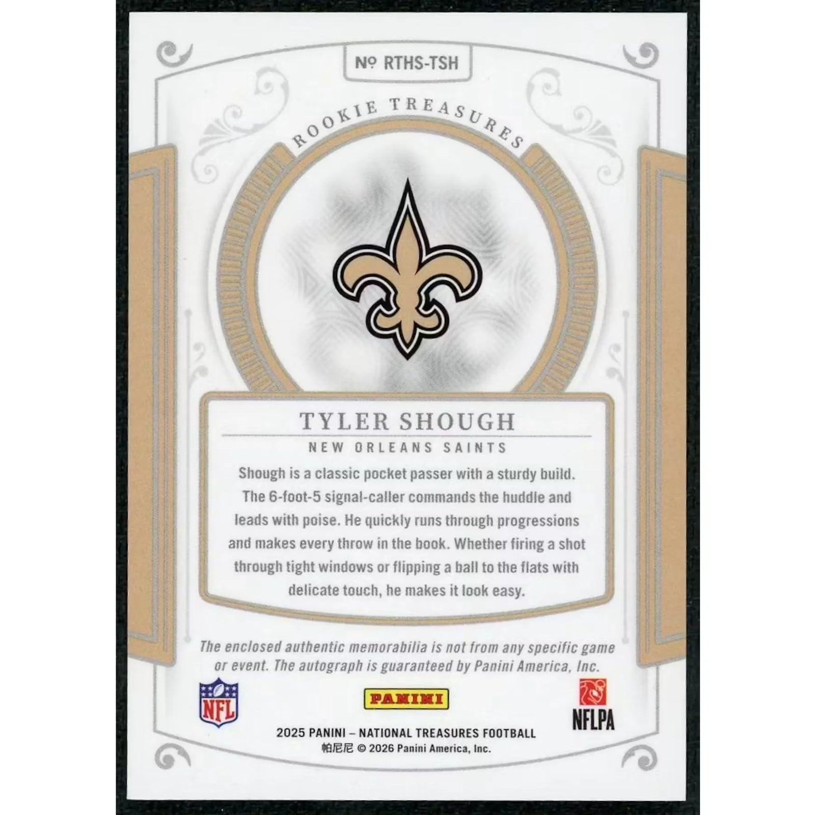 Tyler Shough Signed 2025 National Treasures Rookie Treasures Patch Card |/10
