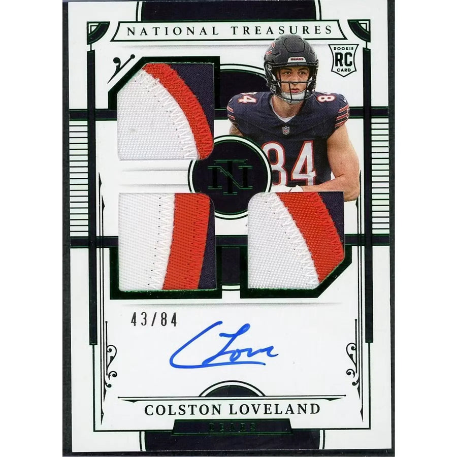 Colston Loveland Signed 2025 National Treasures Rookie Card | Triple Patch Auto Emerald/8