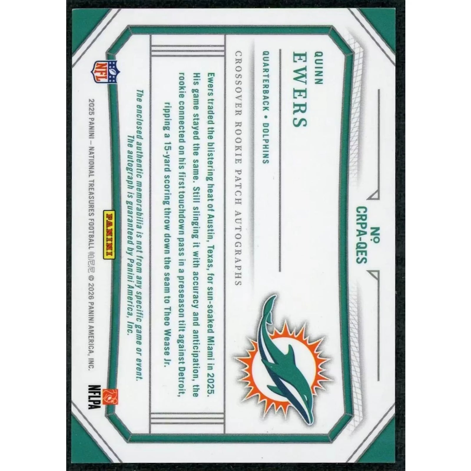 Quinn Ewers Signed 2025 National Treasures Rookie Patch Auto |/99