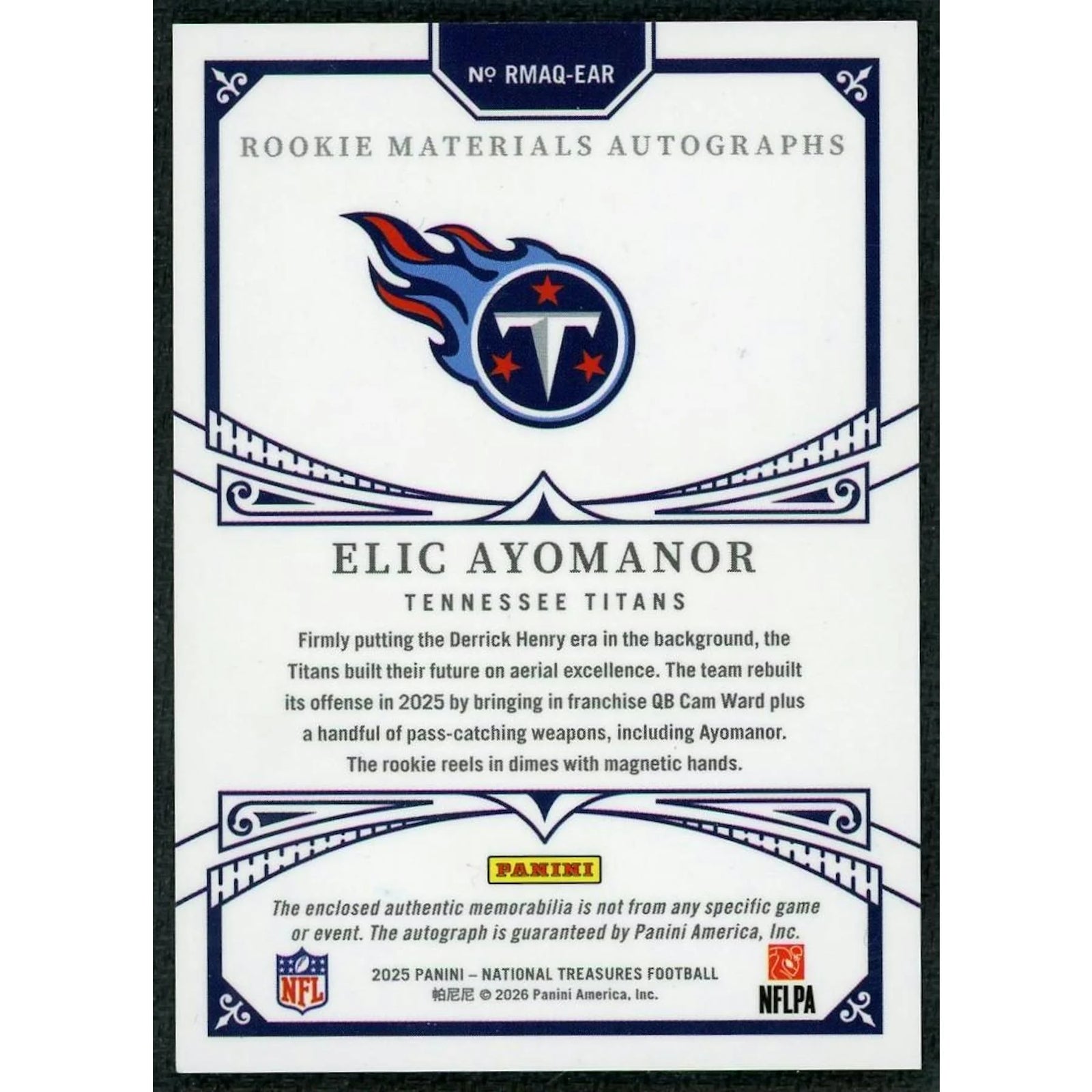 Elic Ayomanor Signed 2025 National Treasures Card | Quad Patch Auto/10