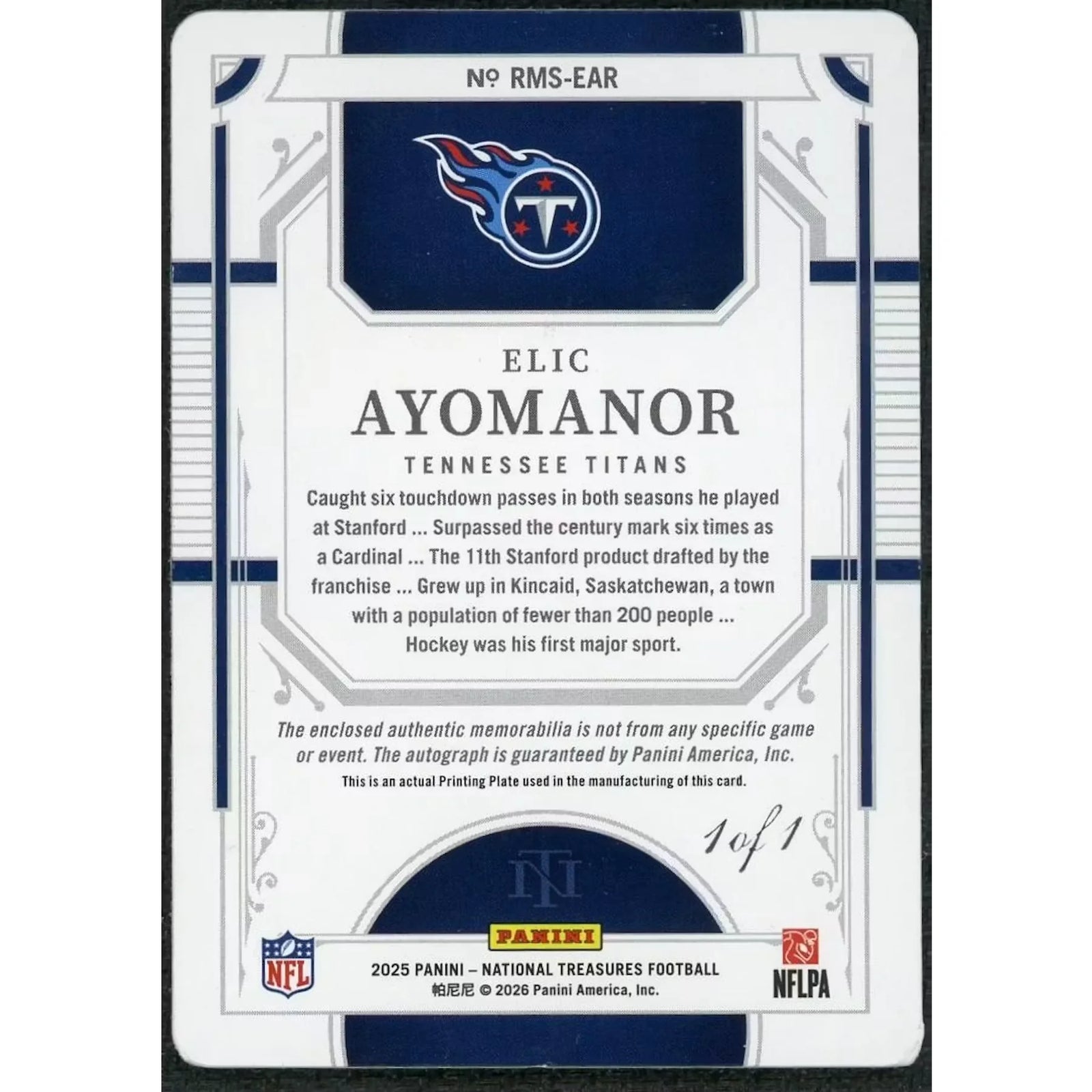 Elic Ayomanor Signed 2025 National Treasures Printing Plate | 1/1 Triple Patch Auto