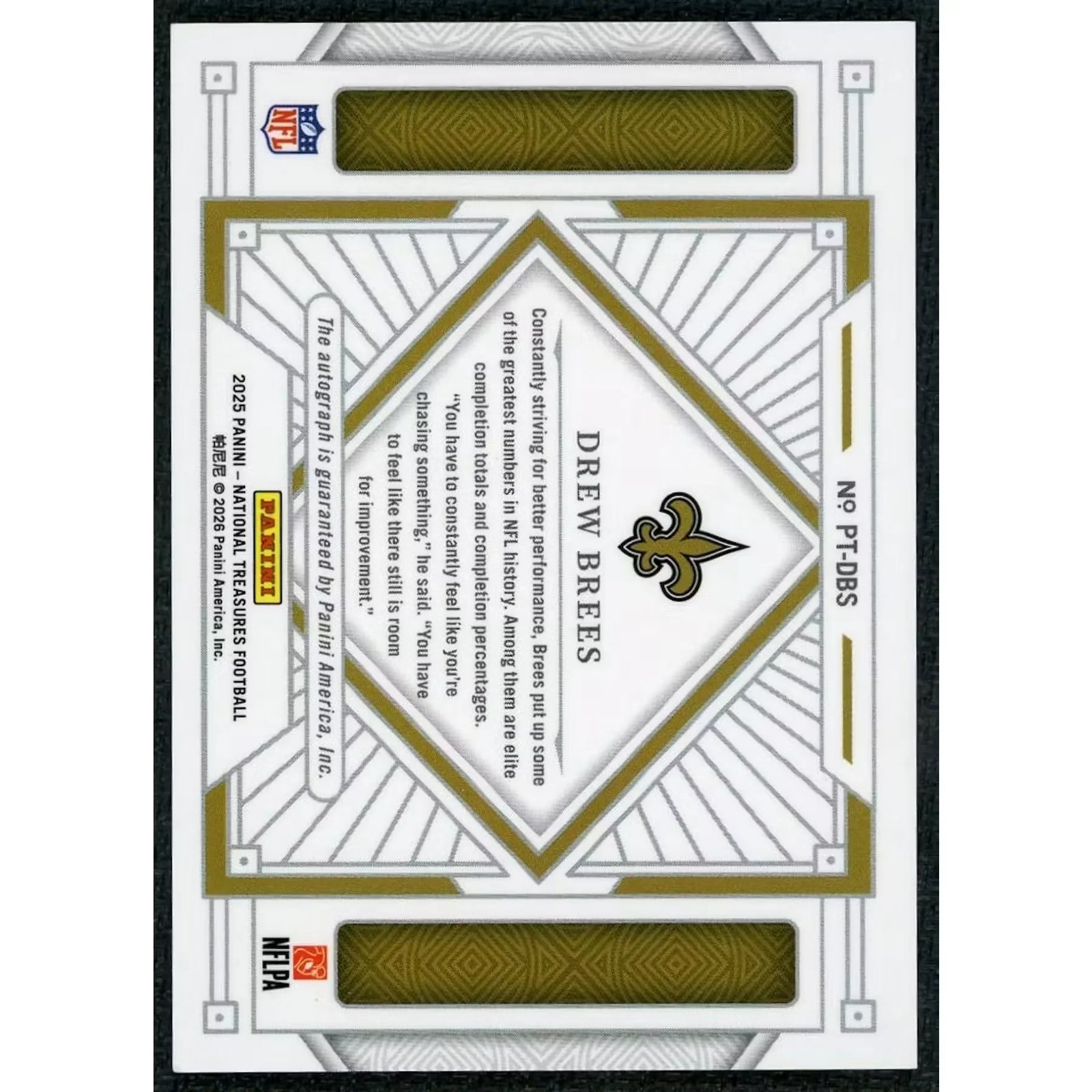Drew Brees Signed 2025 National Treasures Card | Cool Brees Auto/10