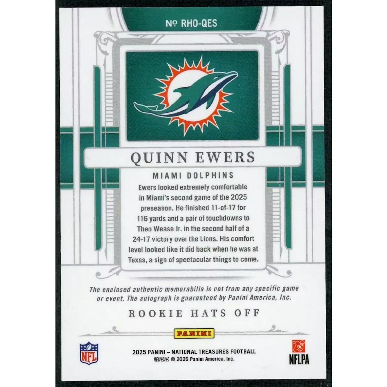 Quinn Ewers Signed 2025 Panini National Treasures Rookie Card | Hats Off Patch Auto/3