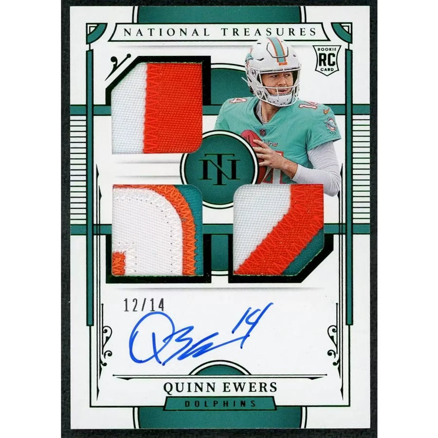 Quinn Ewers Signed 2025 National Treasures Rookie Card | Triple Patch Auto Emerald/14
