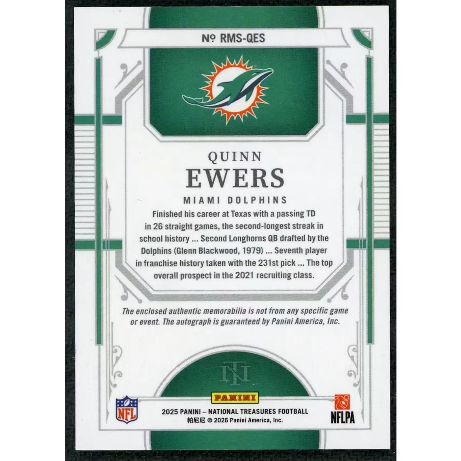 Quinn Ewers Signed 2025 National Treasures Rookie Card | Triple Patch Auto Emerald/14