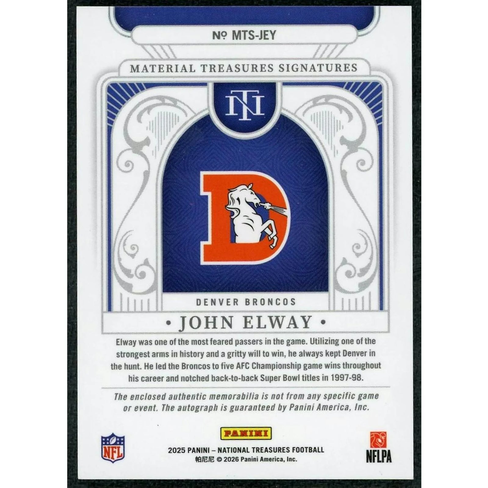 John Elway Signed 2025 National Treasures Card | Material Treasure/25