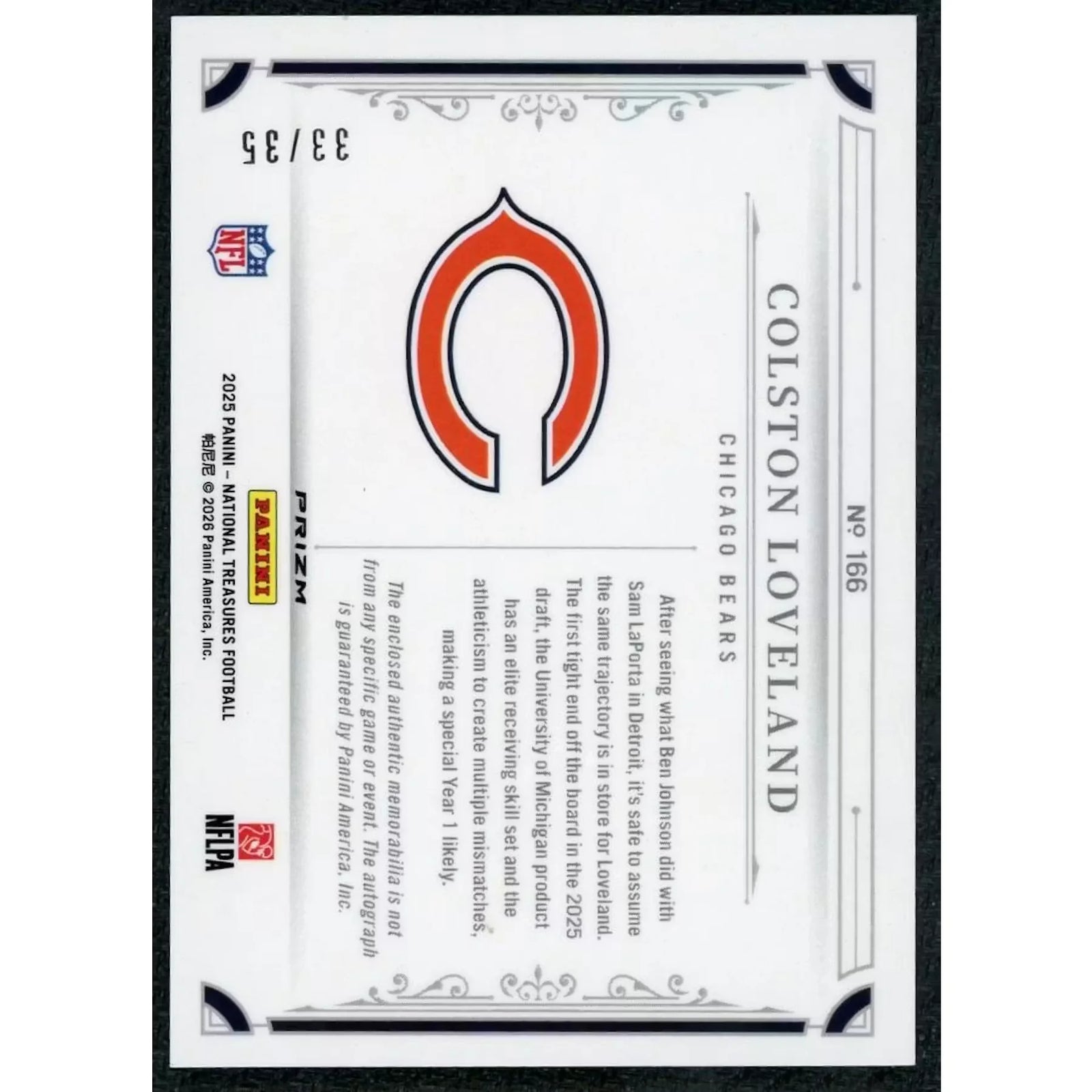 Colston Loveland Signed 2025 National Treasures Rookie Patch Auto |/35