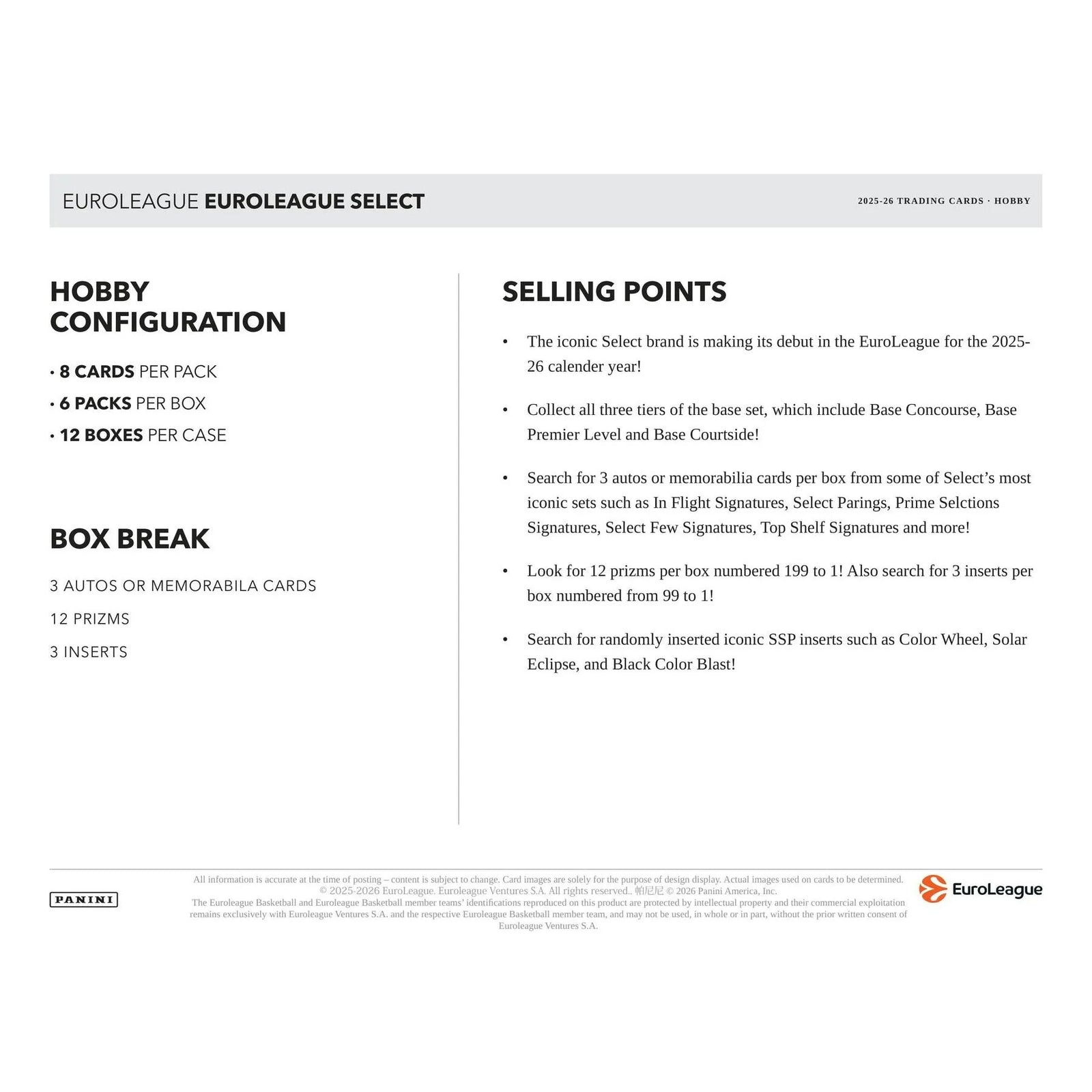 DRAFT - New 2025/26 Panini Select EuroLeague Basketball Hobby 12-Box Case