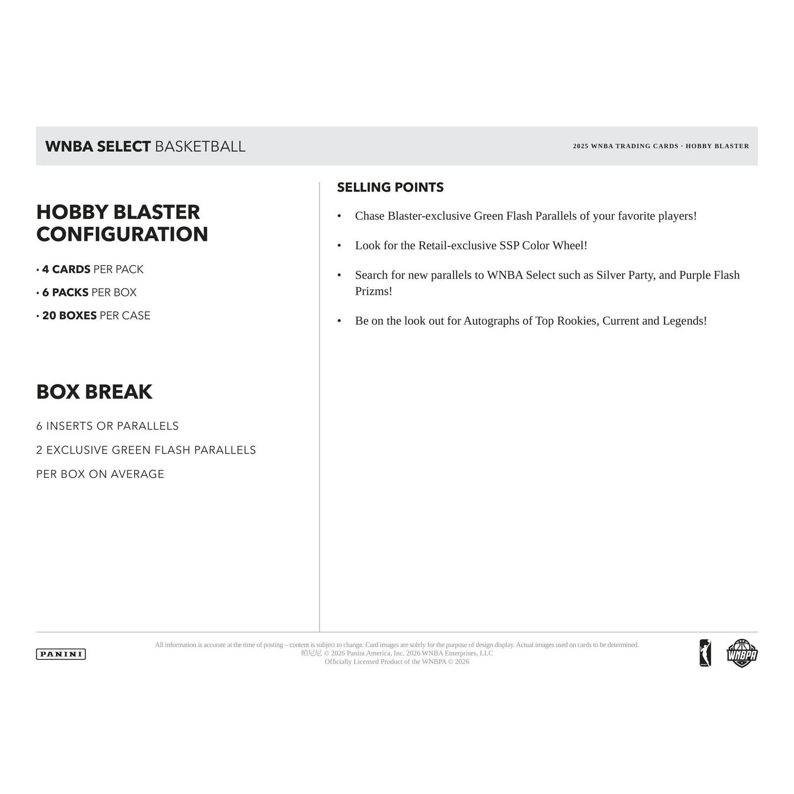 DRAFT - Presell 2025 Panini Select WNBA Basketball Blaster Hobby 20-Box Case (Presell) Releases May. 25th, 2026