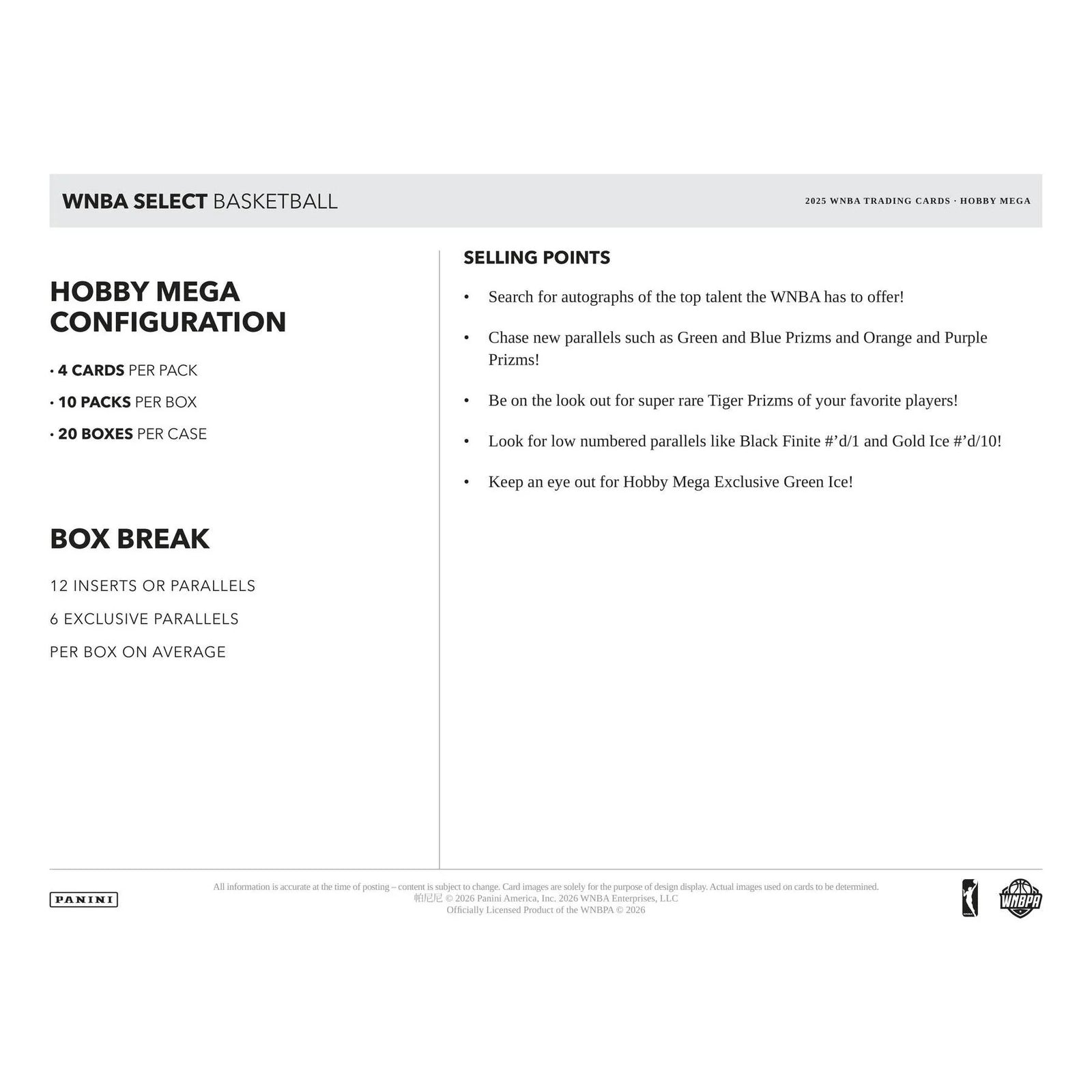 DRAFT - Presell 2025 Panini Select WNBA Basketball Mega Hobby 20-Box Case (Presell) Releases May. 25th, 2026