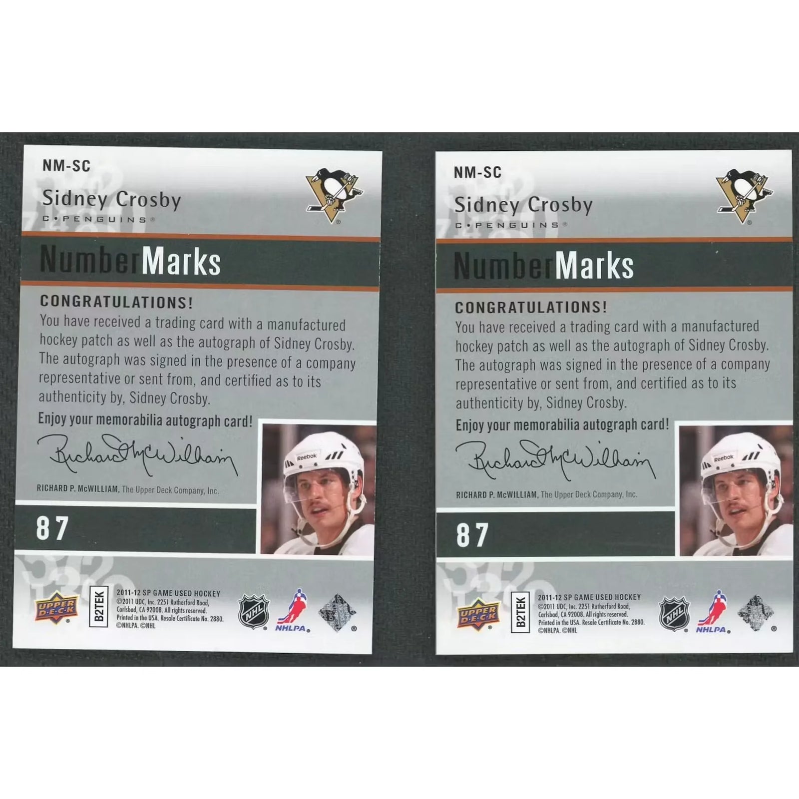 Sidney Crosby Signed 2011-12 Upper Deck SP Game Used Number Marks Card |/25
