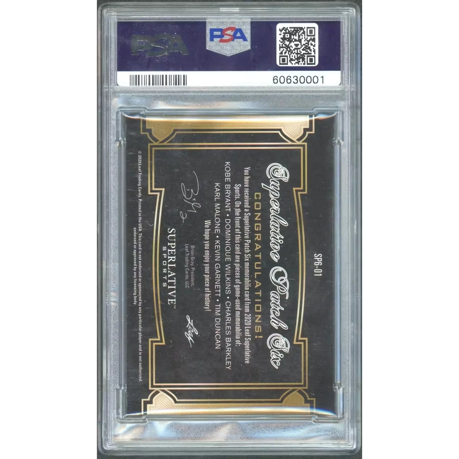 2020 Leaf Superlative 6-Patch Card | Kobe, Wilkins, Barkley, Malone, Garnett, Duncan PSA 9