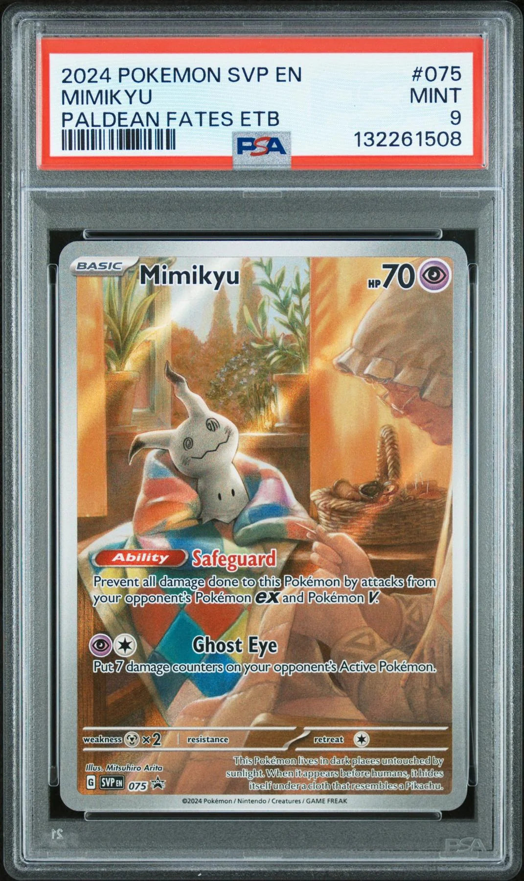DRAFT - Mimikyu SVP 075 Pokemon Card | Paldean Fates Elite Trainer Box PSA 9