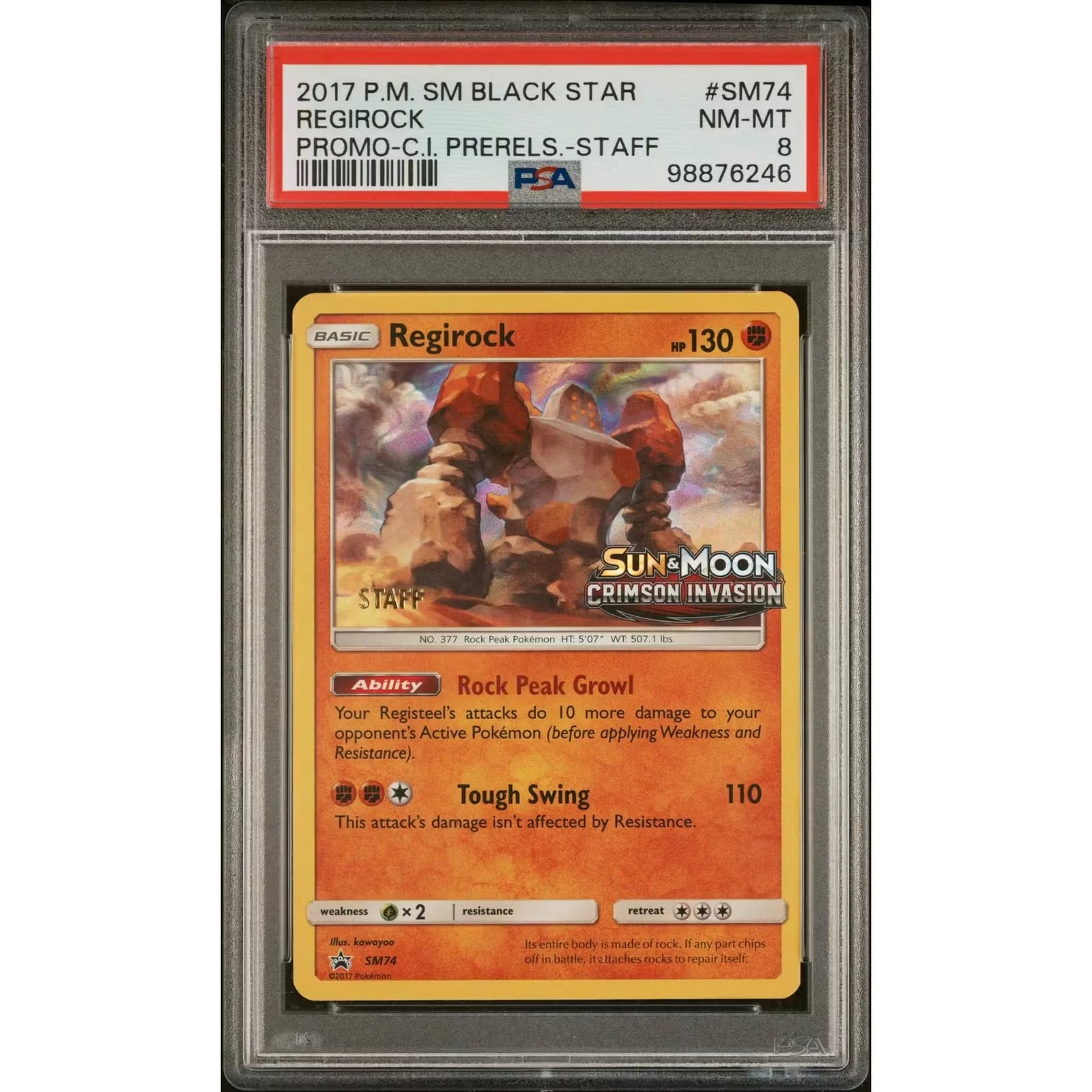 Pokemon Crimson Invasion Regirock SM74 Prerelease Staff Promo | PSA 8