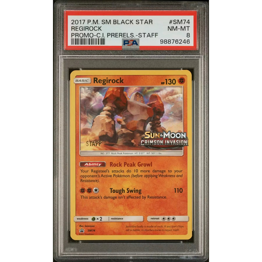 Pokemon Crimson Invasion Regirock SM74 Prerelease Staff Promo | PSA 8