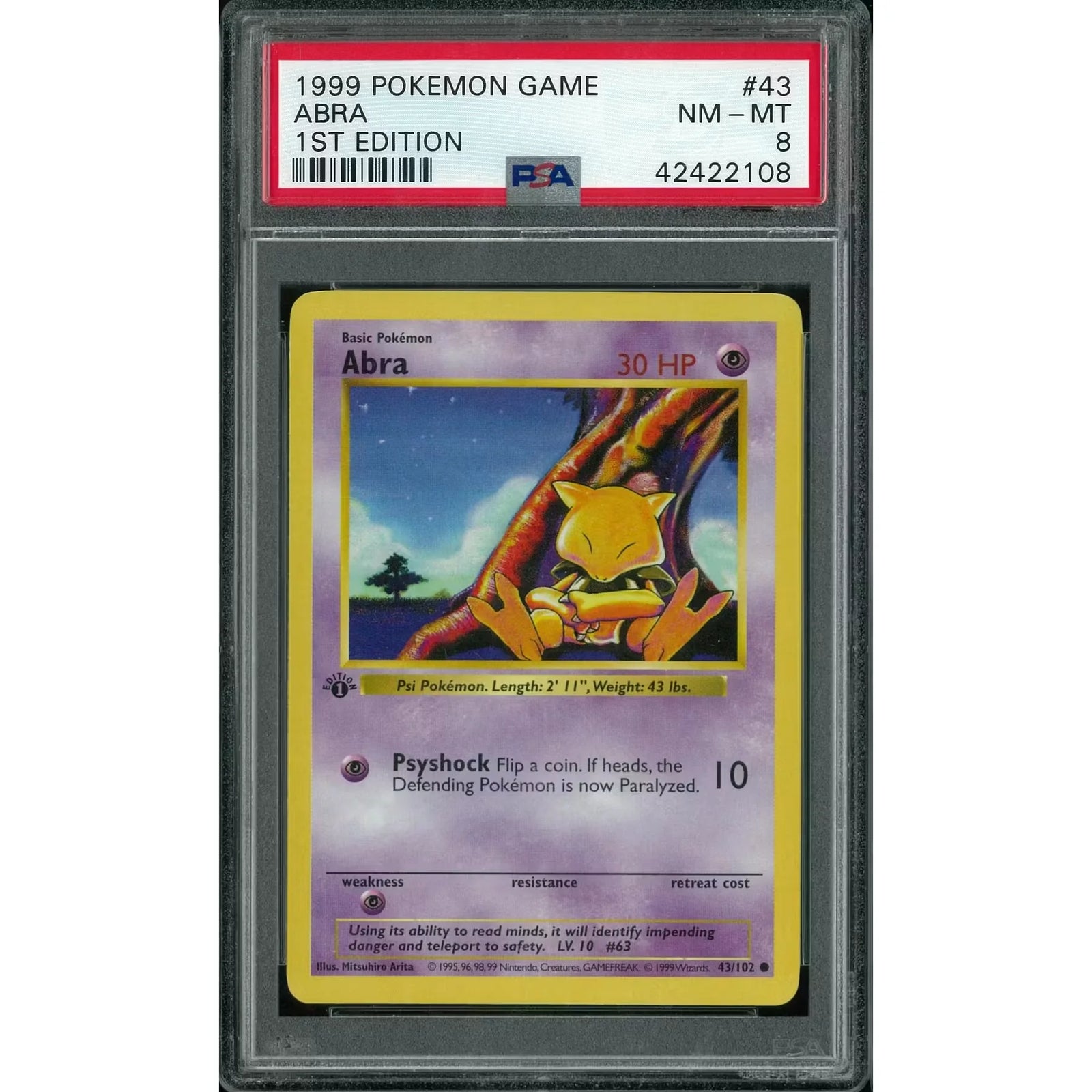 Pokemon Base Set 1st Edition Shadowless Abra 43/102 | PSA 8