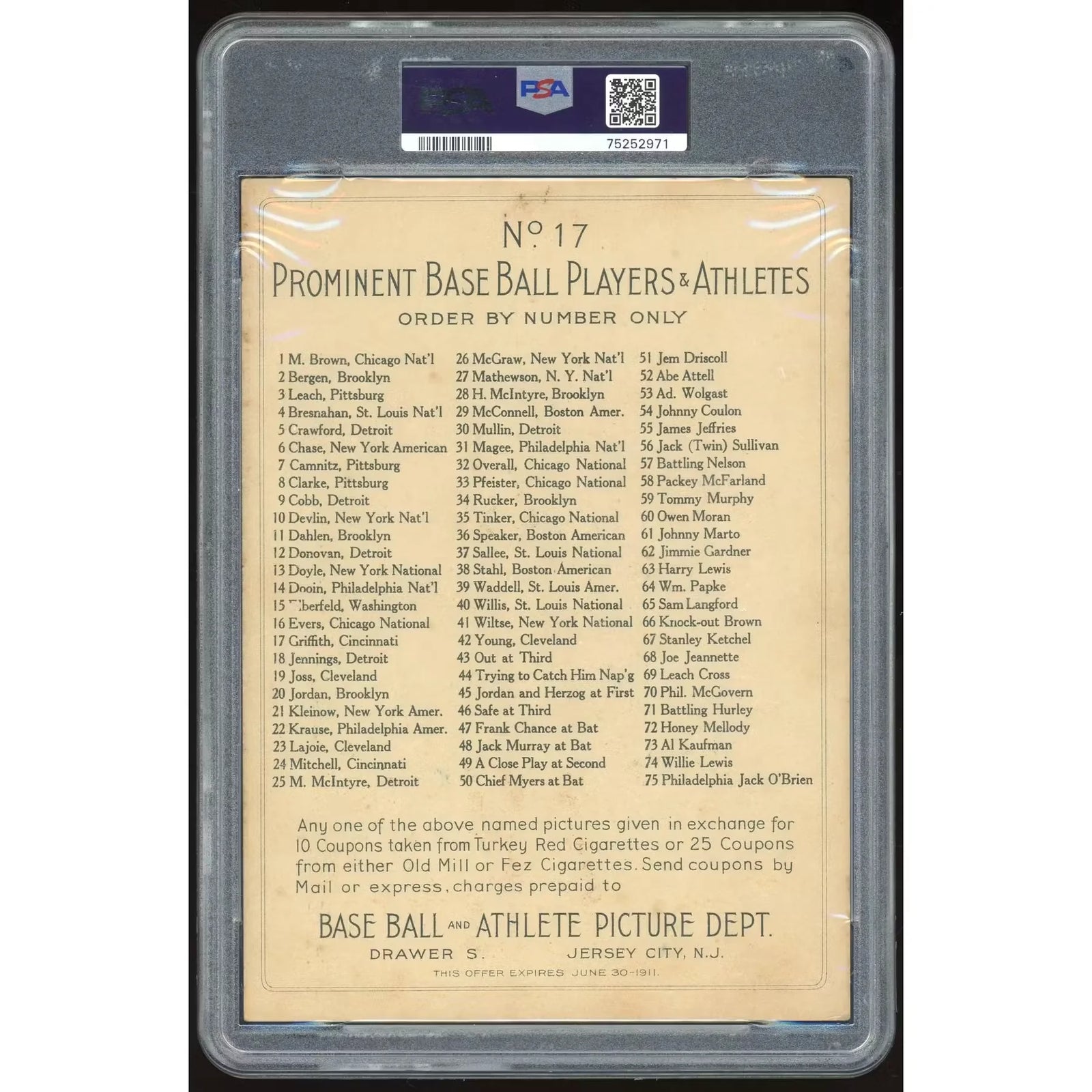 1910-11 T3 Turkey Red #17 Clark Griffith | PSA 4 Graded