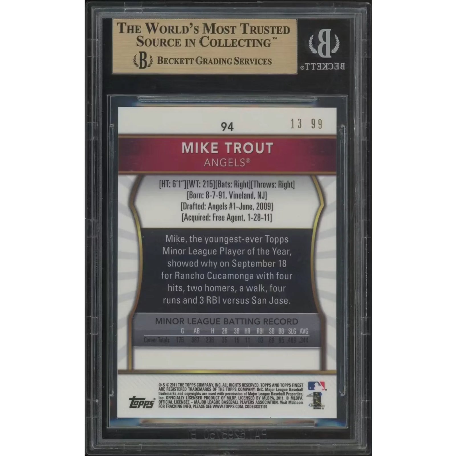 Mike Trout 2011 Topps Finest Orange Refractor Rookie Card | BGS 9.5 #13/99