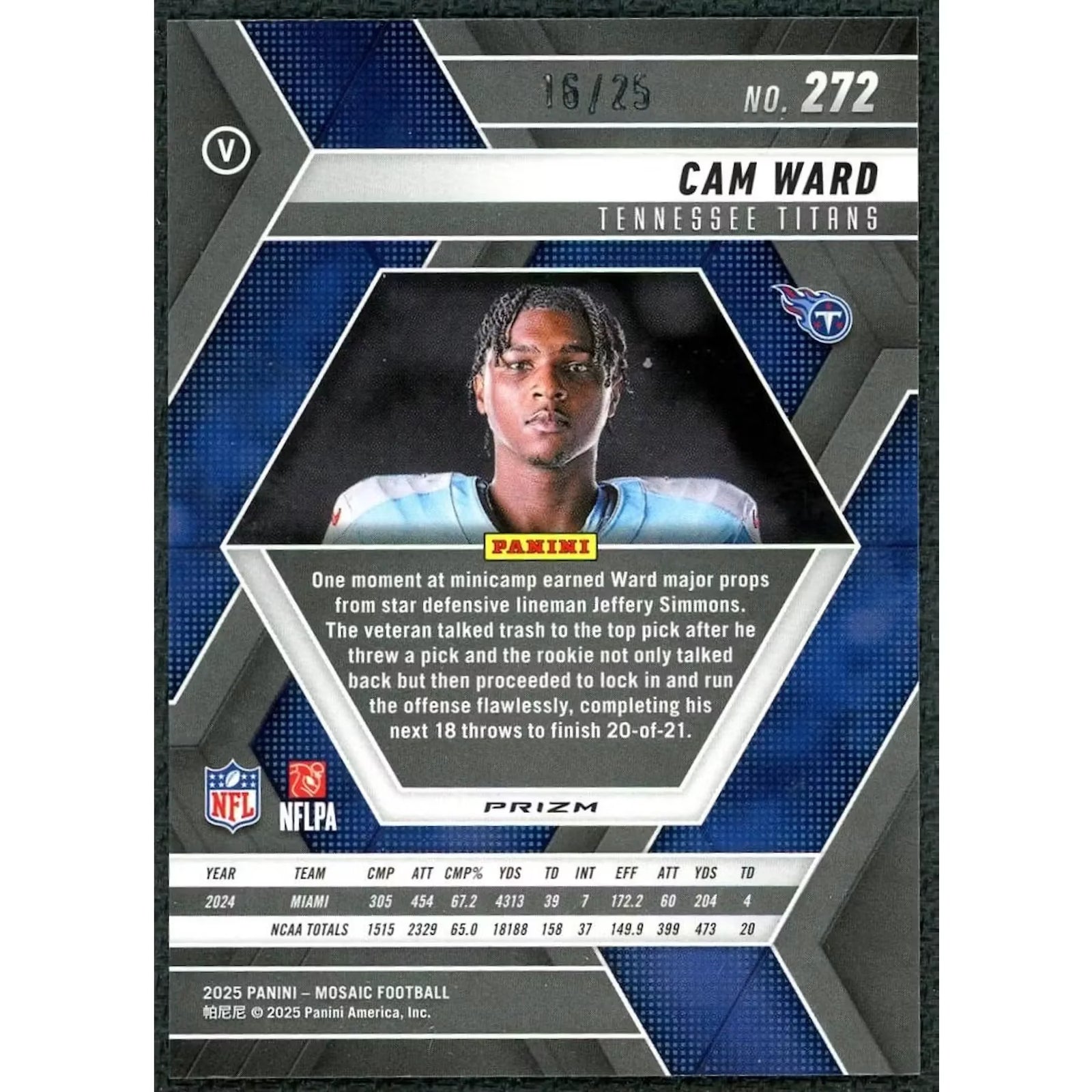Cam Ward 2025 Panini Mosaic Orange Fluorescent Rookie #272 Card |/25