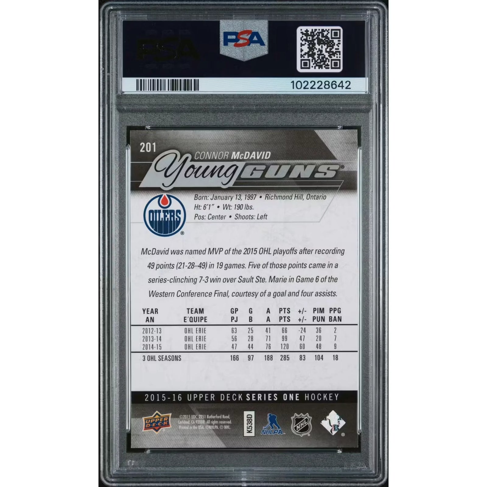 Connor McDavid 2015-16 Upper Deck Young Guns #201 | PSA 10 Gem Mint