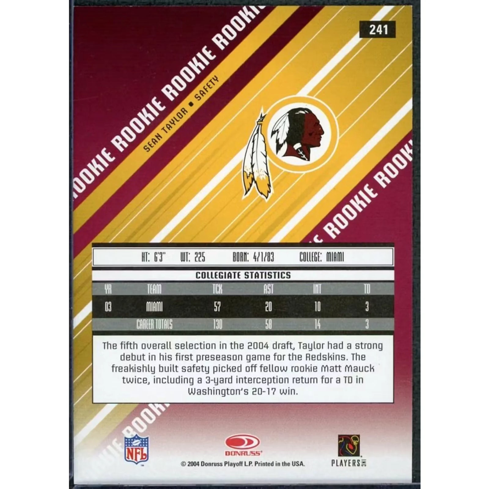 Sean Taylor 2004 Leaf Rookies & Stars Rookie #241 Card | Gold/75