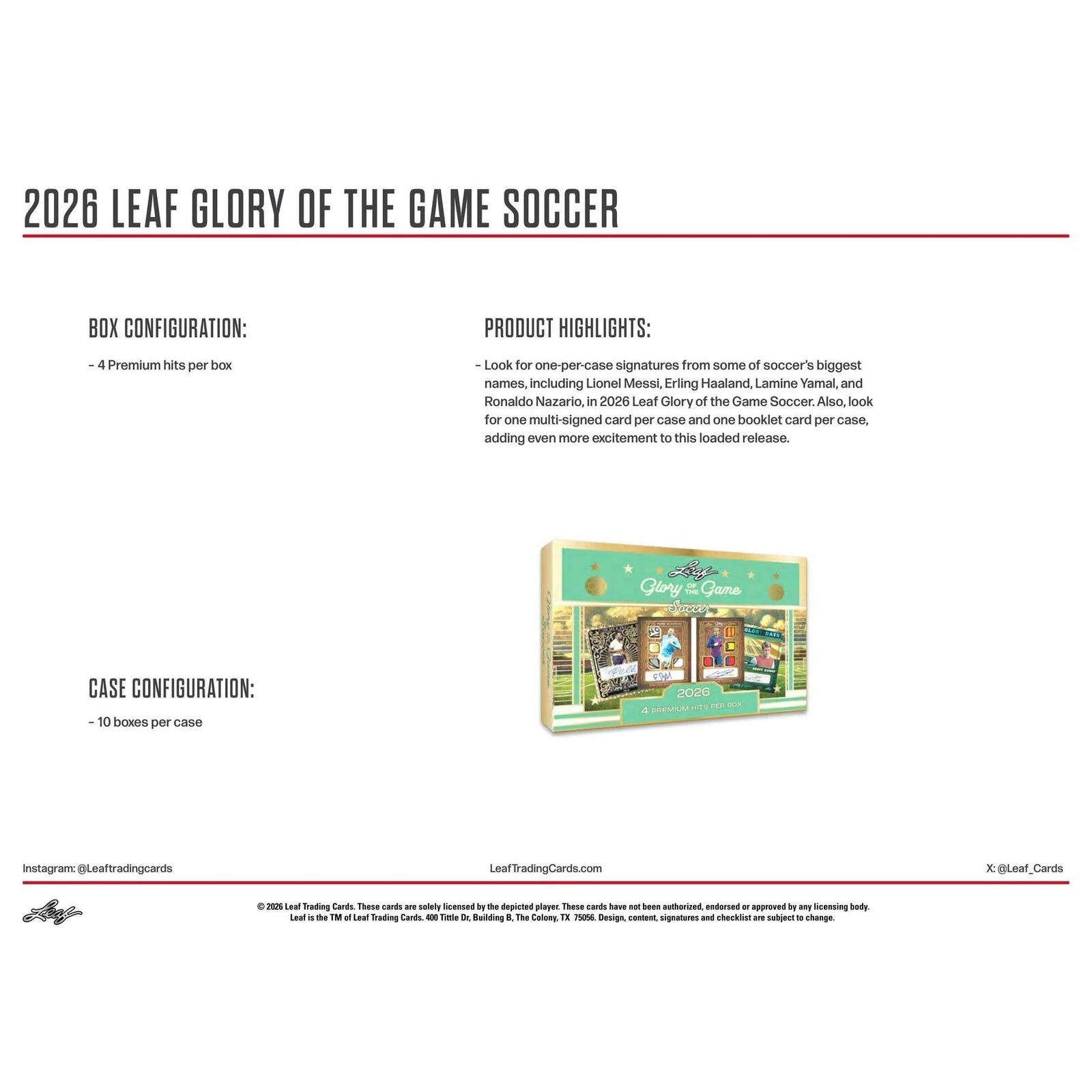 DRAFT - Presell 2026 Leaf Glory of the Game Soccer Hobby 10-Box Case (Presell) Releases Jul. 3rd, 2026