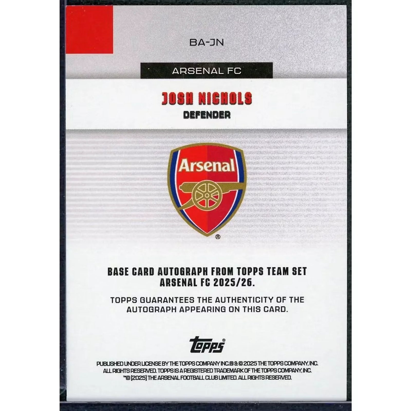 Josh Nichols Signed 2025-26 Topps Arsenal Rookie Card | Auto/5