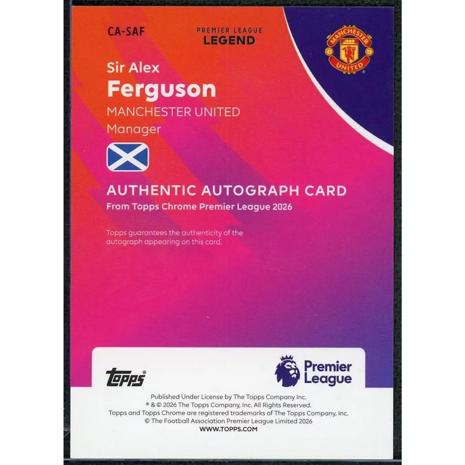 Sir Alex Ferguson Signed 2026 Topps Chrome Premier League Card | Red Geometric Auto/5