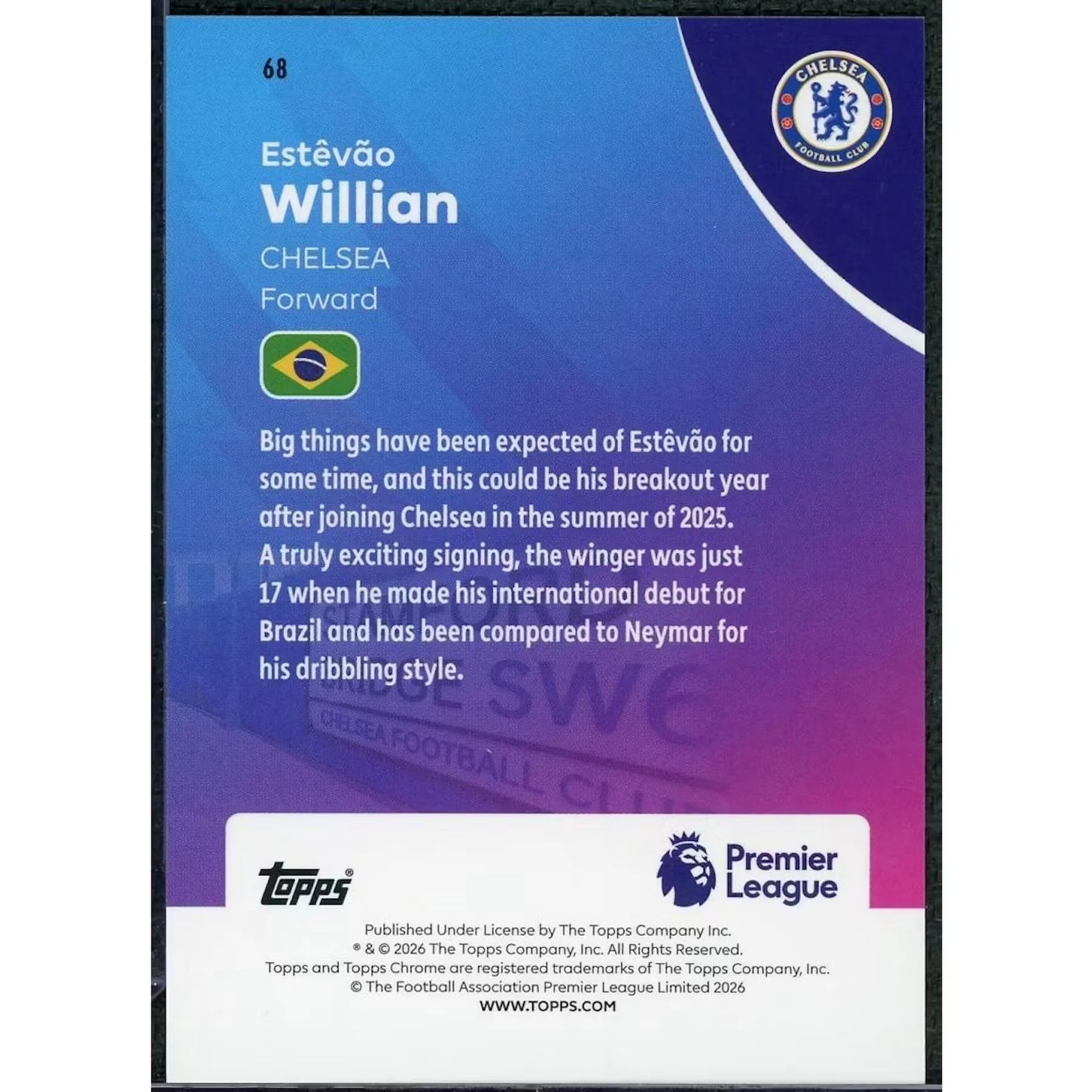 Estevao Willian 2026 Topps Chrome Sapphire Orange Rookie Card |/25