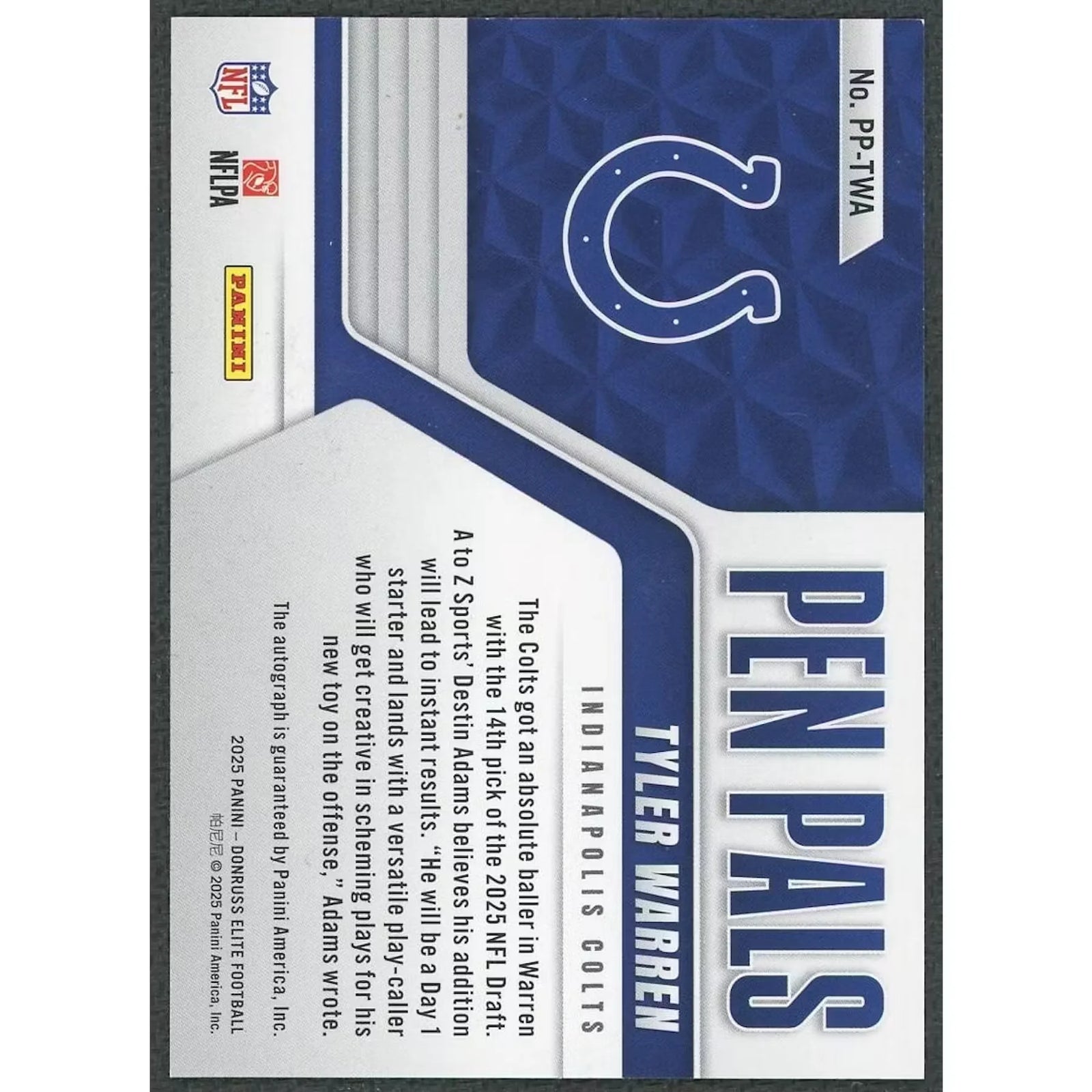 Tyler Warren Signed Rookie Card | 2025 Panini Donruss Elite Pen Pals
