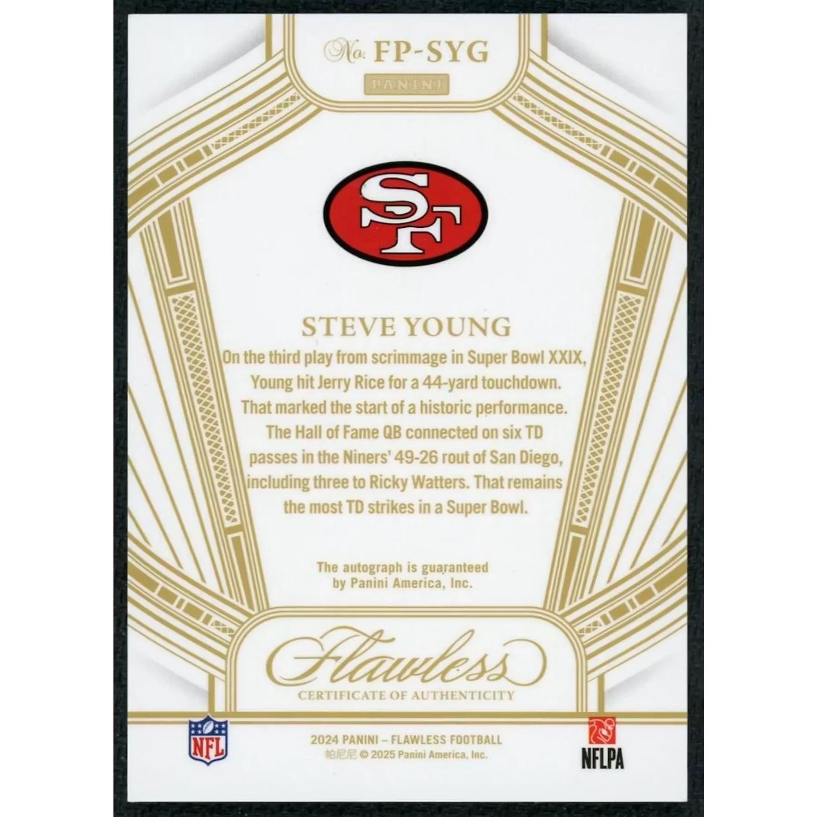 Steve Young Signed Flawless Performances Card | 2024 Panini/25