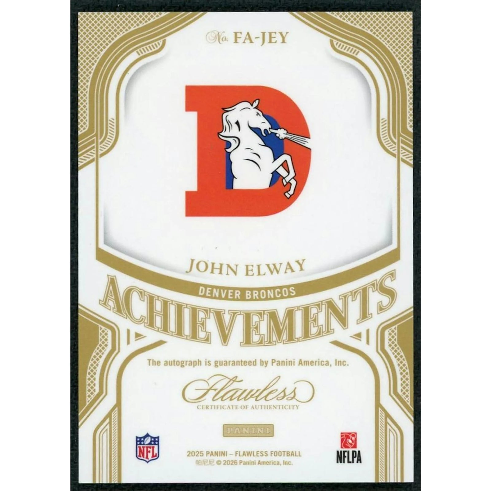 John Elway Signed 2025 Panini Flawless Card | Achievements Auto/25