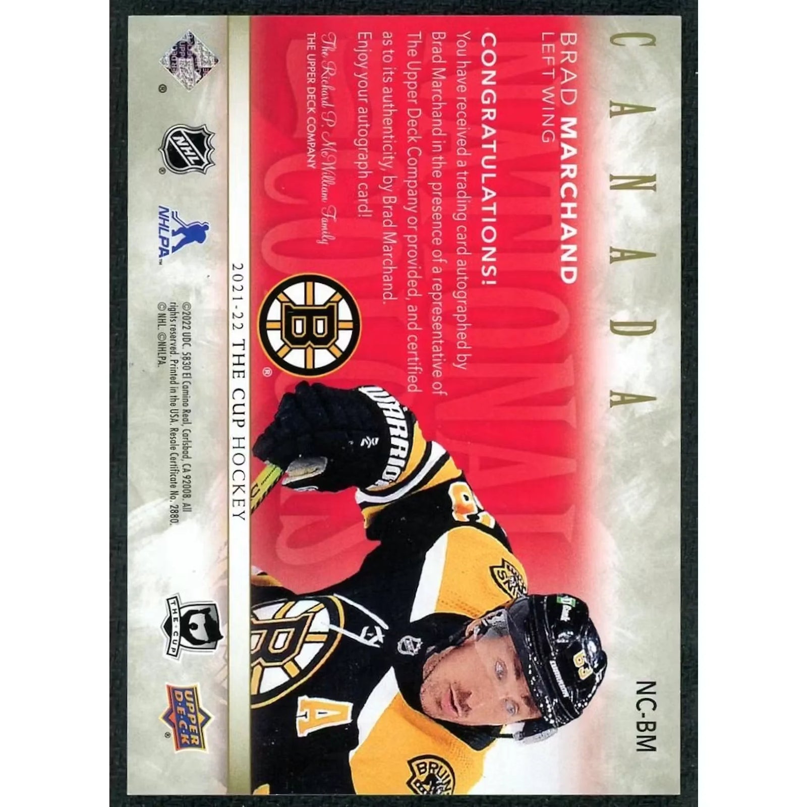 Brad Marchand Signed 2021-22 Upper Deck The Cup Card | National Colors Auto/15