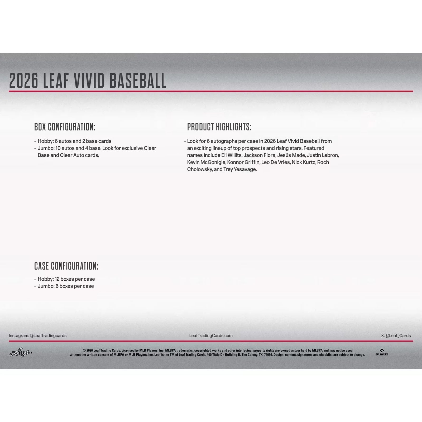 2026 Leaf Vivid Baseball Hobby Box Presell Release June 2026