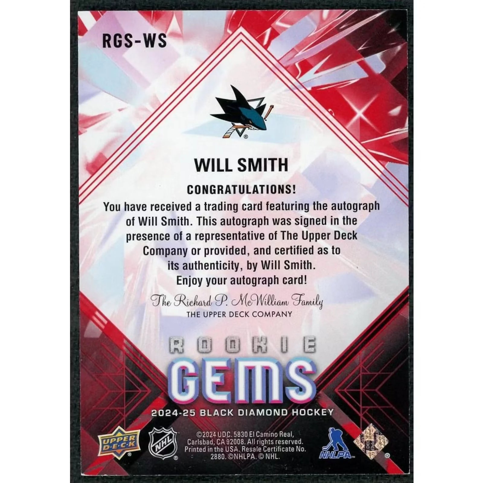 Will Smith Signed 2024-25 Upper Deck Black Diamond Rookie Gems Card | Red/10