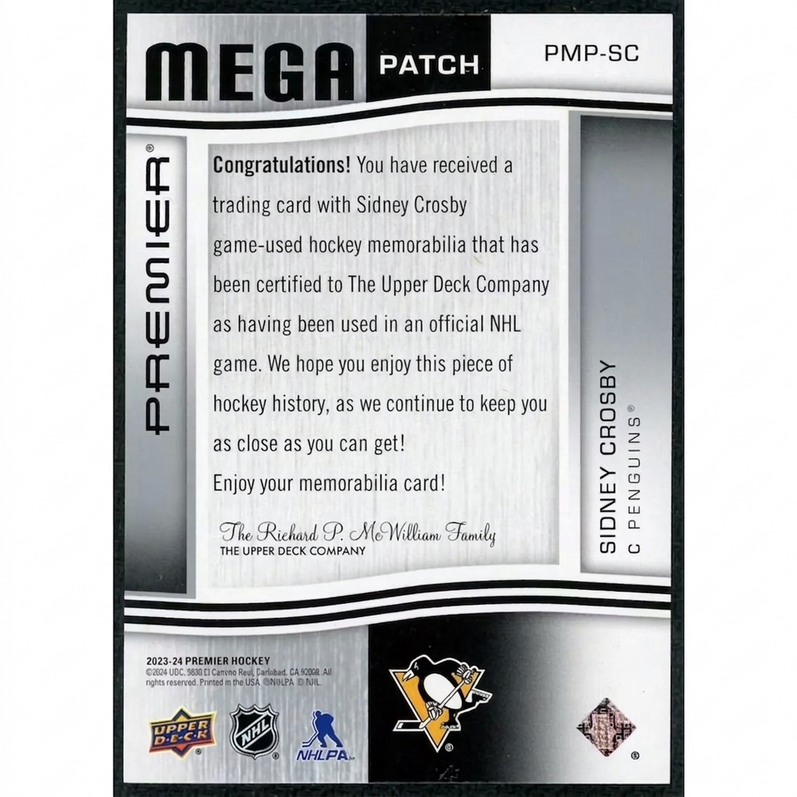 Sidney Crosby 2023-24 Upper Deck Premier Mega Patch Card |/33